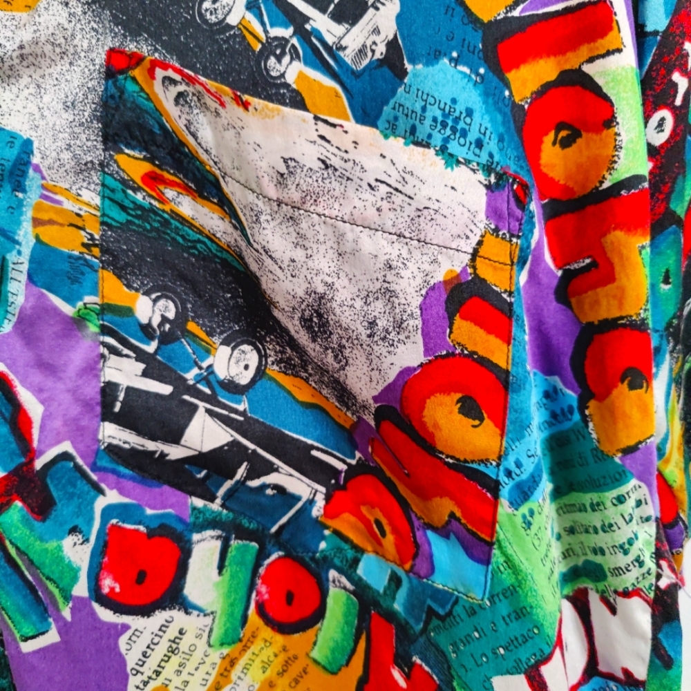 silk 80s oversized luxury V neck regal Hawaii slick button front blouse L - Picture 8 of 9